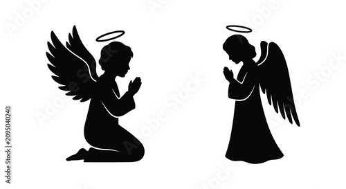 Tableau sur toile Praying angel figures with halos and wings black silhouette angels cherub cherub