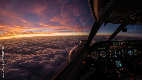 View From the Cockpit During a Flight With Clouds and Sunset in the Background