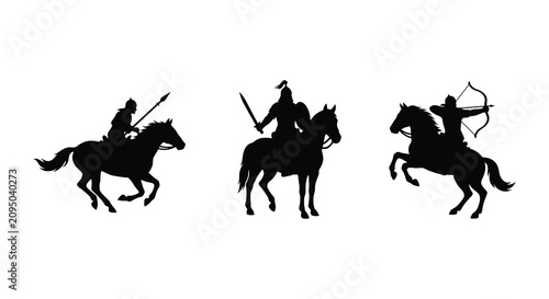 Foto Mounted warriors on horseback in a black silhouette against a white background s
