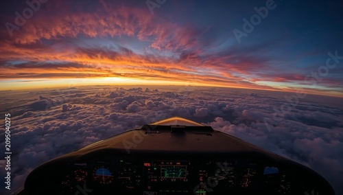 View From the Cockpit During a Flight With Clouds and Sunset in the Background