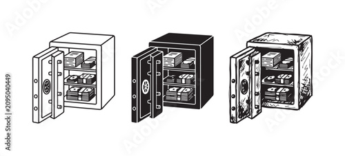 Tableau sur toile Financial security icon set with an open safe filled with money, depicted in outline, solid silhouette, and hand-drawn sketch styles