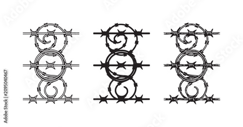фотографія Set of three barbed wire fence designs, featuring horizontal strands and coiled spirals, presented in outline, solid black, and a hand-drawn sketch style