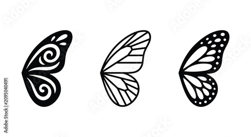 Three butterfly wing shapes in black silhouette against a white background silhouette wings shape insect