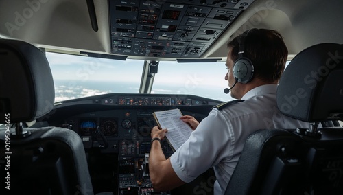 Pilot in Cockpit Checking Instruments and Preparing for Landing in Airline Fl...