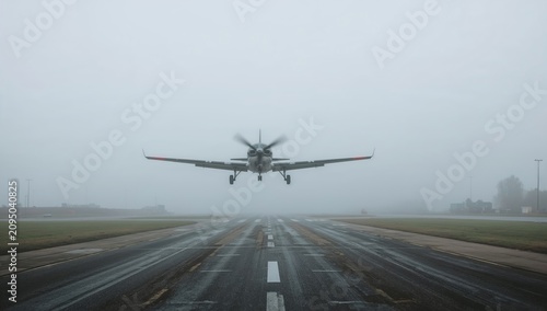 Aircraft Takes off From Runway During Foggy Weather in Early Morning