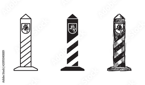 Canvas Print Three vector illustrations of a border pillar or marker featuring a crest with a horseman and diagonal stripes, in outline, solid, and sketch styles