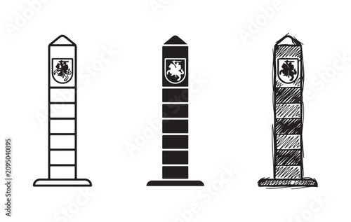 Εκτύπωση καμβά Set of three vector illustrations depicting a border pillar with a horseman crest and distinct horizontal bands, in outline, solid, and sketch styles