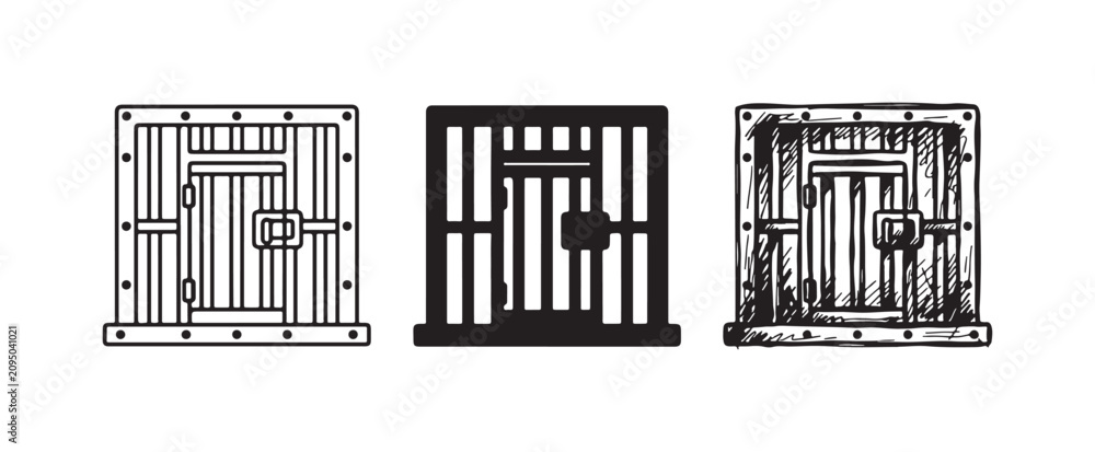 Obraz premium Prison Cell Door Icons Set: Outline, Solid Silhouette, and Hand-Drawn Sketch Styles for Confinement and Imprisonment
