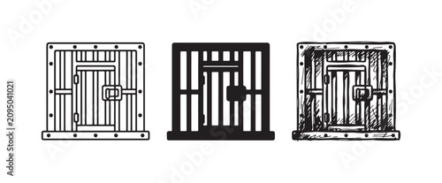 Canvas Print Prison Cell Door Icons Set: Outline, Solid Silhouette, and Hand-Drawn Sketch Sty