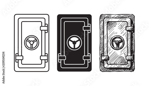 Simple vault door icon set with circular handle, presented in outline, solid, and hand-drawn sketch styles