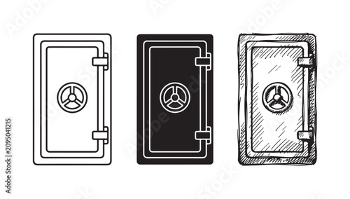 Minimalist vault door icon set with circular handle, featuring outline, solid, and hand-drawn sketch styles for security themes