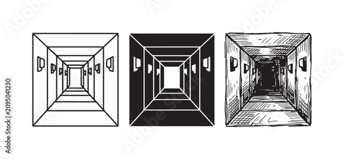 Obraz na płótnie Square hallway icon set with perspective view and recessed wall lights, in outli
