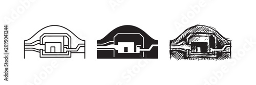 Bilde på lerret Set of three styles showing a cross-section of an underground bunker or tomb, with internal passages and rooms, in outline, solid, and hand-drawn versions