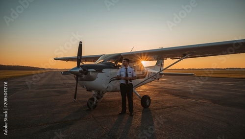 Pilot Stands Next to Small Airplane at Sunset on a Runway During the Evening