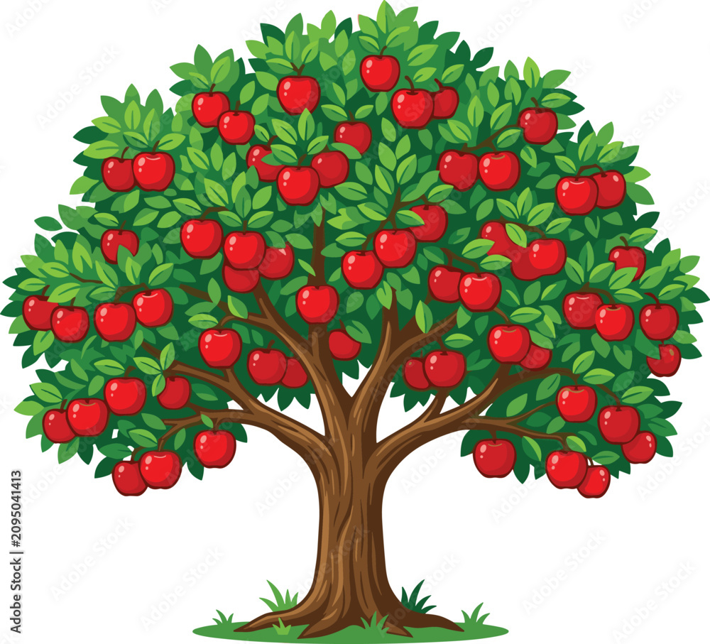 Obraz premium Illustrated Apple Tree with Green Foliage and Bright Red Fruits in Natural Scene
