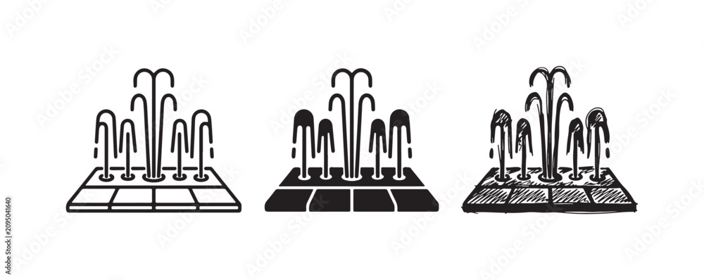 Obraz premium Square Water Fountain Icon Set with Multiple Curved Jets in Line, Solid, and Hand-Drawn Styles