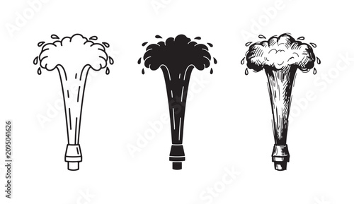 Tablou pe pânză Fire Hose Nozzle Spray Icon Set with Water Splash in Outline, Solid, and Hand-Dr