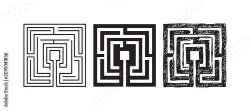 Photos Three styles of a square maze icon: outline, solid black silhouette, and hand-drawn sketch, symbolizing a quest or complex situation