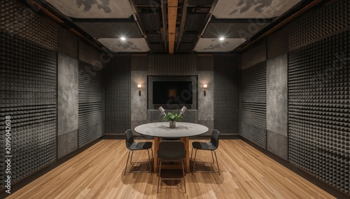 Modern Sound Studio With Acoustic Panels, Large Screen, and Circular Table