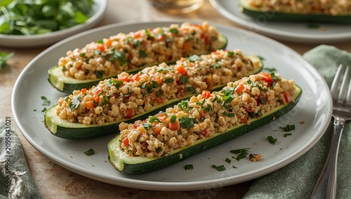 Stuffed Zucchini Served on a Plate With Lime and Herbs for Lunch or Dinner