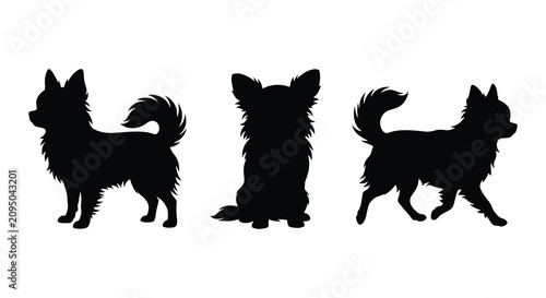 Three chihuahua dog silhouettes in various poses against a white background silhouette chihuahuas small toy