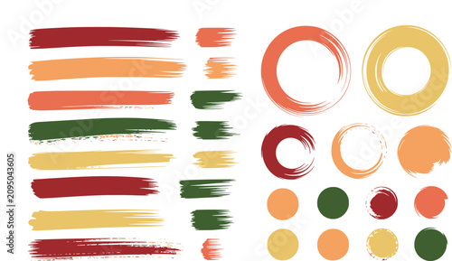 Set of colorful paint brush strokes and round circles for artistic design and creative decoration