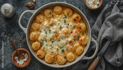 Baked Dish With Cheese and Round Bread Rolls in a Serving Pot on a Dark Surface