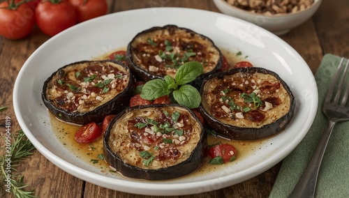 Dish Featuring Baked Eggplant and Tomatoes in a Serving Tray With Herbs on Top