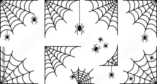 Black spiders in intricate webs illustration