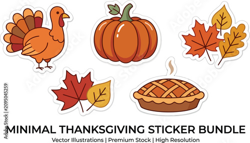 Thanksgiving stickers for kids, autumn leaves, pumpkin, and pie illustrations