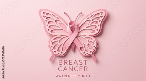 Breast Cancer Awareness Month Large ornate paper cut butterfly centered on pink background for Breast Cancer Awareness Month with ribbon iconography