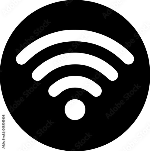WiFi wireless signal white icon inside a solid black circle button in a clean and bold vector illustration, a versatile internet connection symbol perfect for UI design, app buttons, website, social m