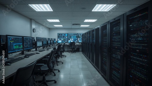 Data Center With Multiple Screens and Server Racks in Use During Work Hours