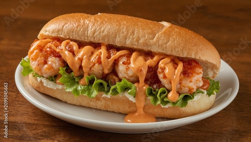 Shrimp Sandwich With Sauce, Lettuce, and Bread Served on a Plate