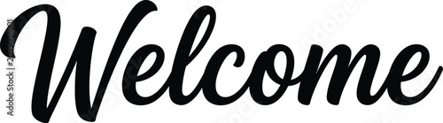 Welcome word in black elegant cursive script font style for signage and greeting card decorations
