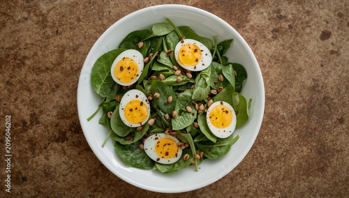 Healthy Salad With Boiled Eggs and Spinach Served in a Bowl on a Textured Sur...