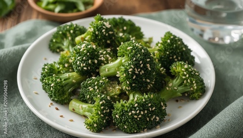 Fresh Broccoli Served on a White Plate With Sesame Seeds on a Wooden Table in...