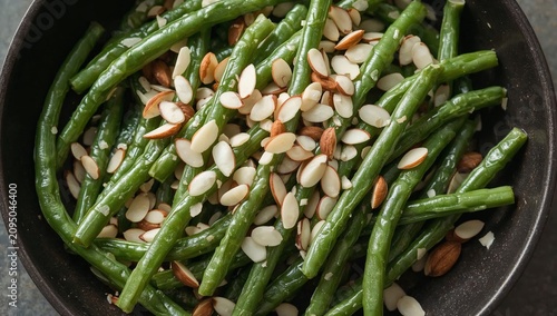 Green Beans With Almonds Served in a Bowl on a Kitchen Counter