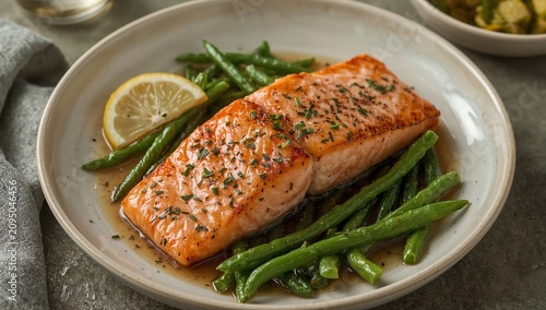 Salmon Fillet Served With Green Beans on a White Plate on a Wooden Table Duri...