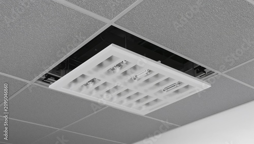 View of a Suspended Ceiling Light Fixture With Open Panel in a Modern Indoor ...