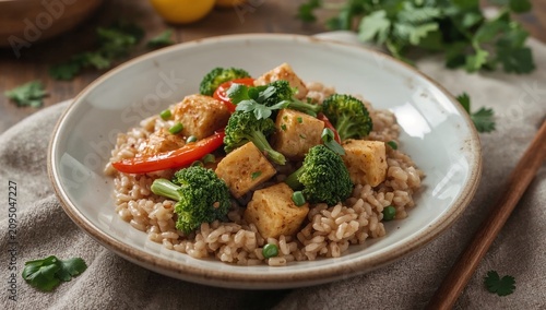 Healthy Tofu and Vegetable Dish Served on a Plate With Rice and Greens in Nat...