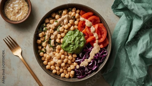 Healthy Bowl With Chickpeas, Vegetables, and Sauces Served on a Table