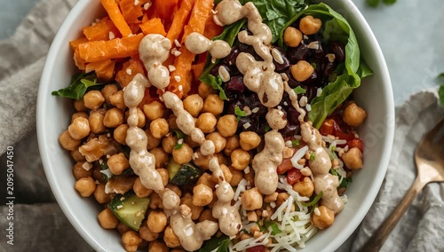 Healthy Bowl With Chickpeas, Vegetables, and Sauces Served on a Table