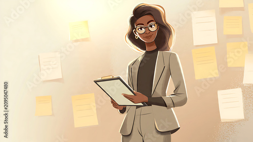 A professional woman with glasses holds a clipboard in front of a wall with sticky notes