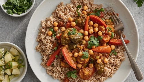 Lunch With Chickpea Curry and Brown Rice Served on a Plate With a Glass of Water