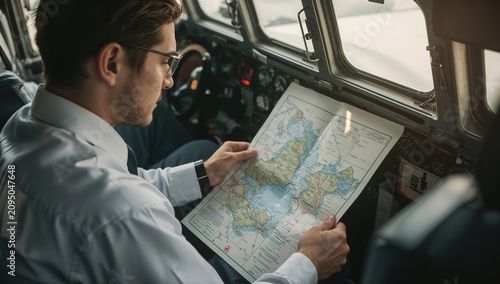 Pilot Studies a Map Inside an Aircraft Cockpit During a Flight Preparation Se...