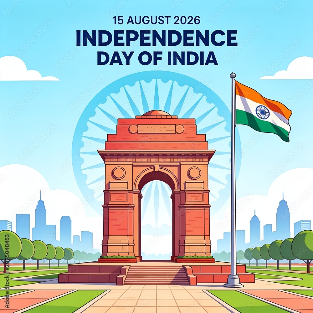 Obraz premium Artistic illustration featuring the majestic India gate monument with the national flag waving proudly during the vibrant celebration of Indian independence day in New Delhi city