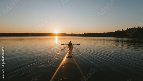Kayaker Paddles Across Water at Sunset in a Tranquil Setting Near Trees