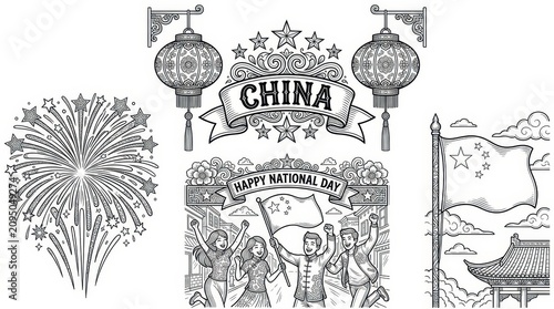 National Day Detailed black and white illustration of China National Day with lanterns fireworks and cheering people for coloring