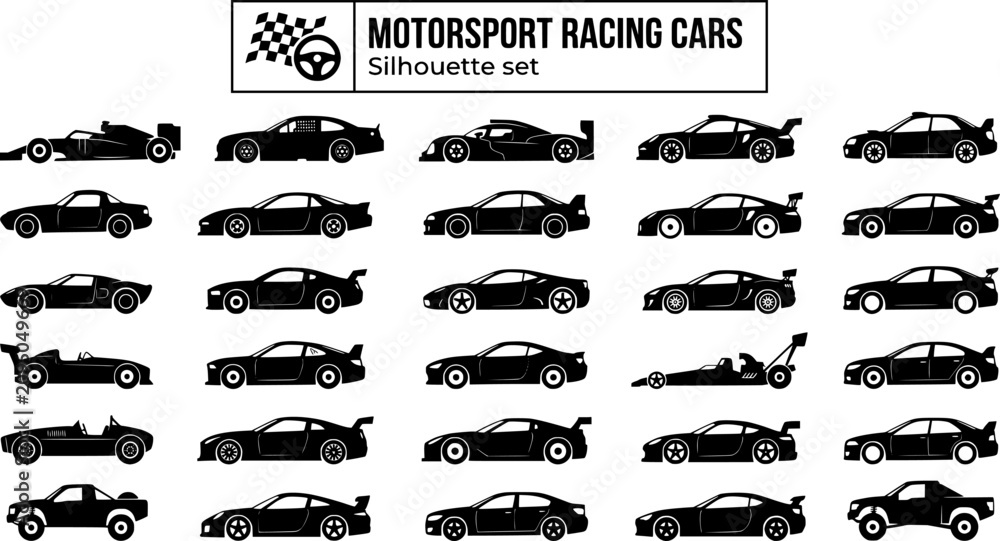 Fototapeta premium Motorsport Racing Car Silhouette Set Black White Speed Bundle Vector Illustration Isolated White Background